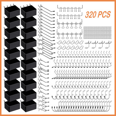 Ensemble d'accessoires pour panneau perforé de 320 pièces avec crochets et bacs, organisateur d'outils pour panneau perforé de 3 mm et 6 mm (rangement de garage)