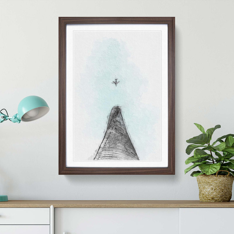 Airplane Above The World In Abstract - Single Picture Frame Painting, Walnut Framed, 33cm H x 24cm W x 2cm D