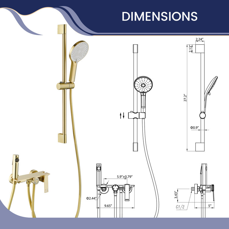 Solod Brass Shower Slide Bar System, 3-Function Handheld Shower Head With Spray Gun And Rough-In Valve, Brushed Gold
