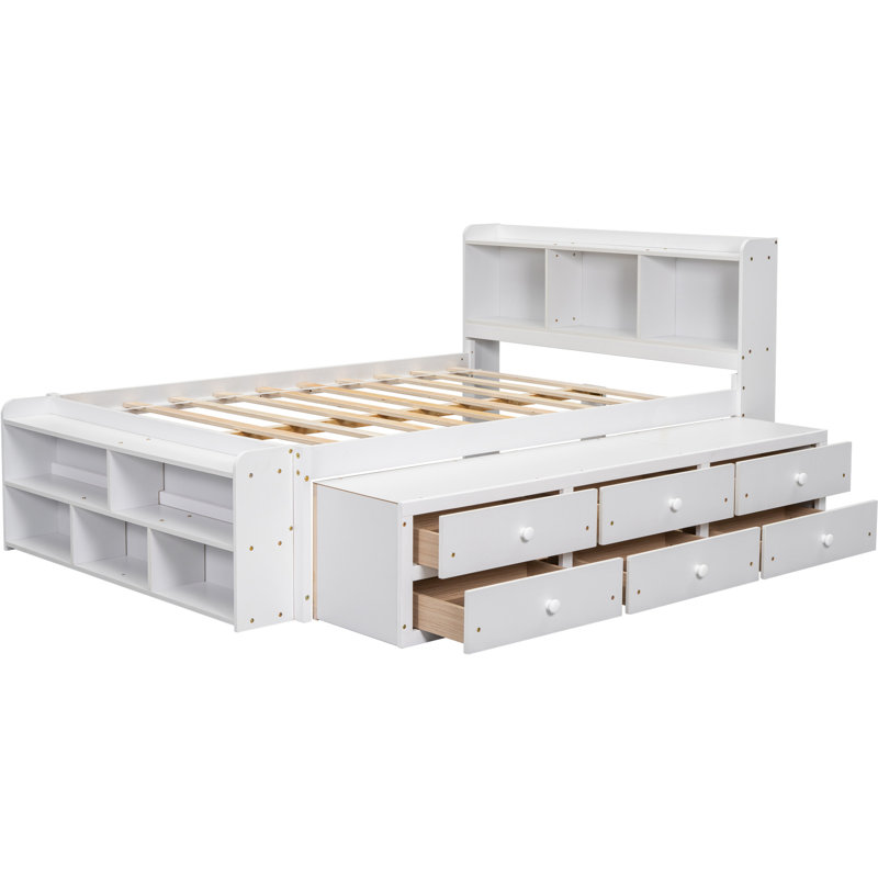 Full Size Bed With Bookcase Headboard And Under Storage, White End Case Featuring Bookcase, Storage &