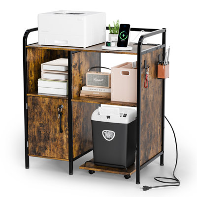 Cabinet With Rolling Cart Printer Stand Brown P2 Particleboard 31.5X17.7X35.4 Inches