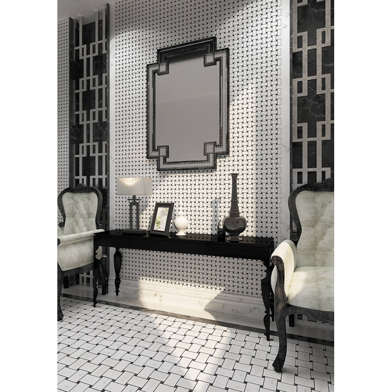 12" x 12" Natural Stone Basketweave Mosaic Wall & Floor Tile, White Black