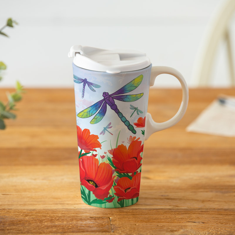 Coffret cadeau libellule et coquelicots en céramique 17 oz