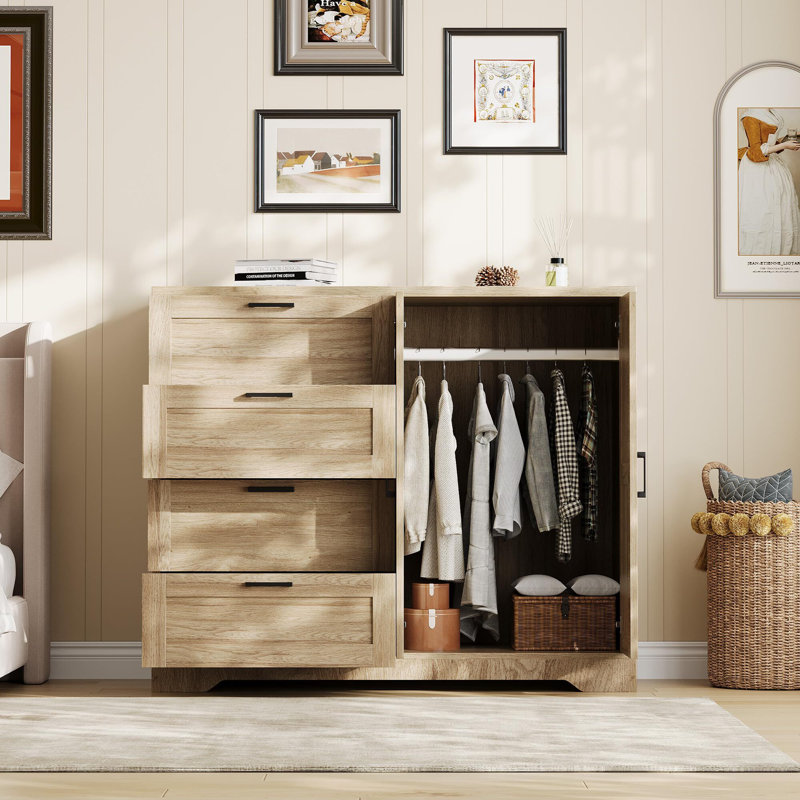 Armoire penderie en bois avec 4 tiroirs, 2 portes et tringle en chêne naturel, Naturel