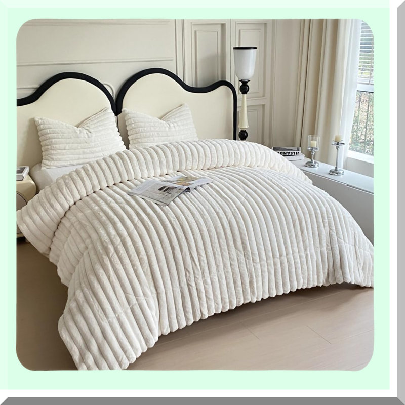 Ultra Soft Fluffy White Rabbit Comforter Set - Queen Size Plush Shaggy Flannel Velvet Bedding with Stripes, Includes 1 Comforter and 2 Pillowcases