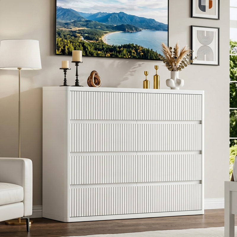 Commode cannelée en bois à 8 tiroirs cannelés, largeur 48 po, blanc, Blanc