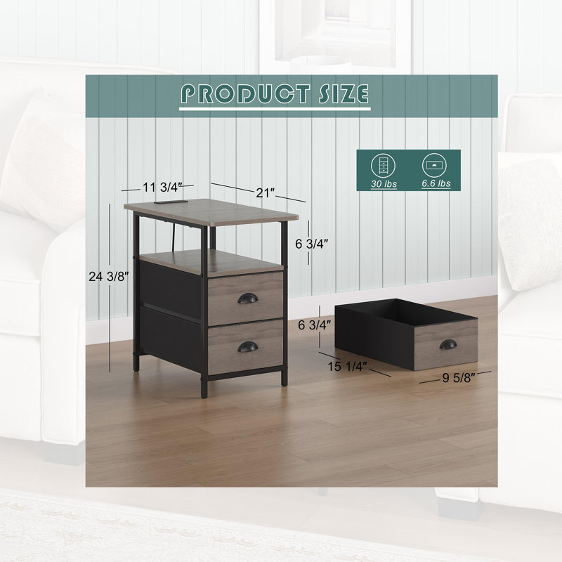 11.75" Narrow End Table With Charging Station - Slim Side Table With 2 Fabric Drawers & USB Ports - White Nightstand For Small Spaces