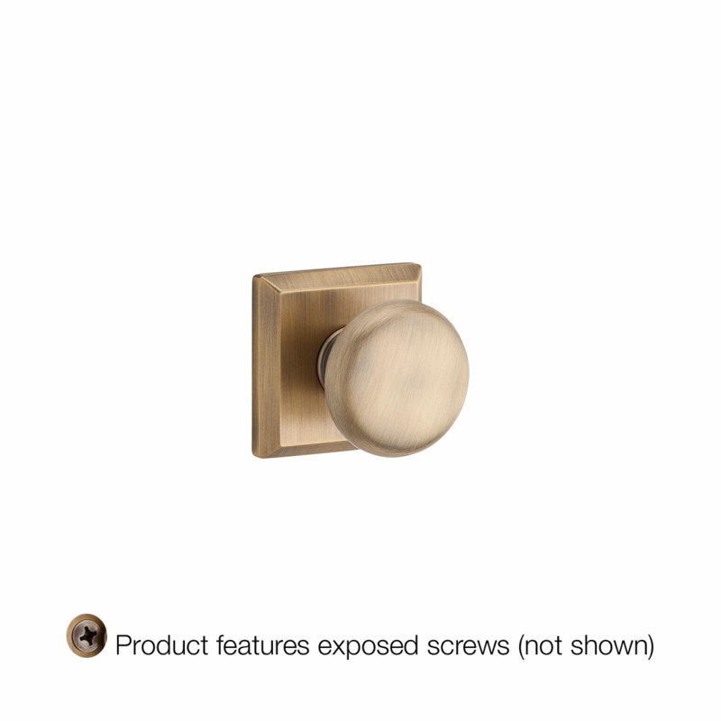 Round Single Dummy Door Knob with Traditional Square Rose, Polished Brass, Single Dummy