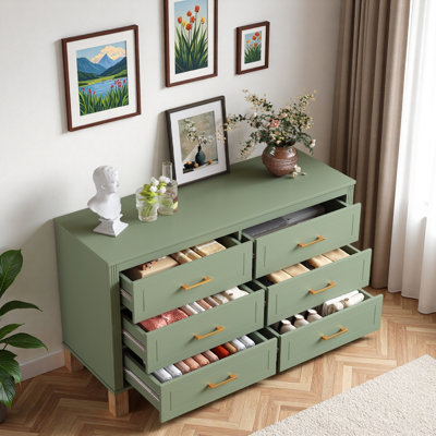 Commode 47,24 po avec 6 tiroirs, poignées en métal et pieds en bois