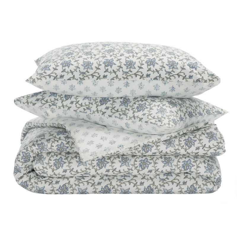 Floral Reversible Comforter Set, Blue Mist/Sage Green Floral, Queen Comforter + 2 Queen Shams