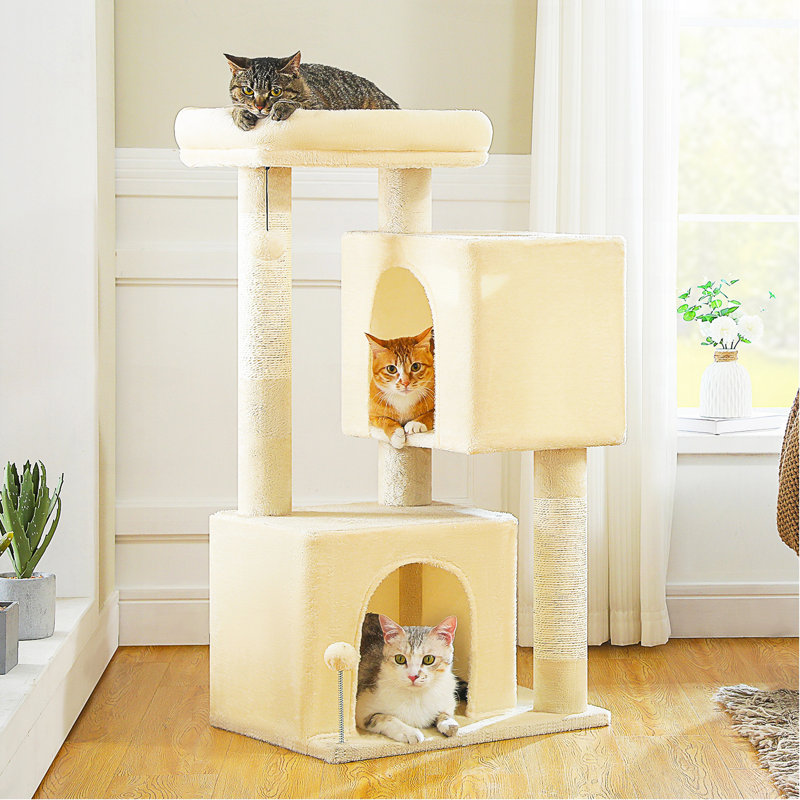Arbre à chat L 43,3 po pour chat de taille moyenne à plus de 20 lb, 2 grottes spacieuses avec grattoir épaissi de 3,4 po, grand perchoir supérieur, 2 jouets interactifs