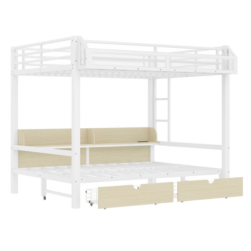 Queen over Queen Bunk Bed with Storage Shelves and Drawers,Multifunctional Metal Bunk Beds with USB Ports and LED Lights, Lower Bed that can be converted into a sofa, White