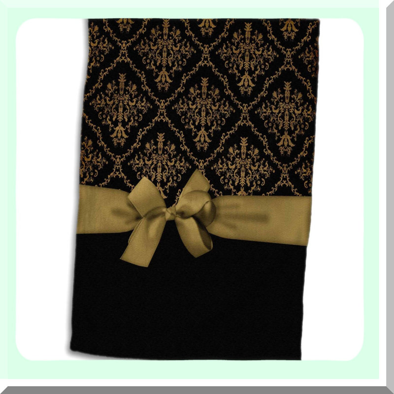 Elegant Damask Rose Hand Towel - Black & Gold Ribbon Bow Design, 15x22