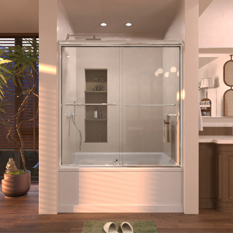 60 in. W x 56 in. H Sliding Semi Frameless Tub Door in Chrome Finish, Chrome