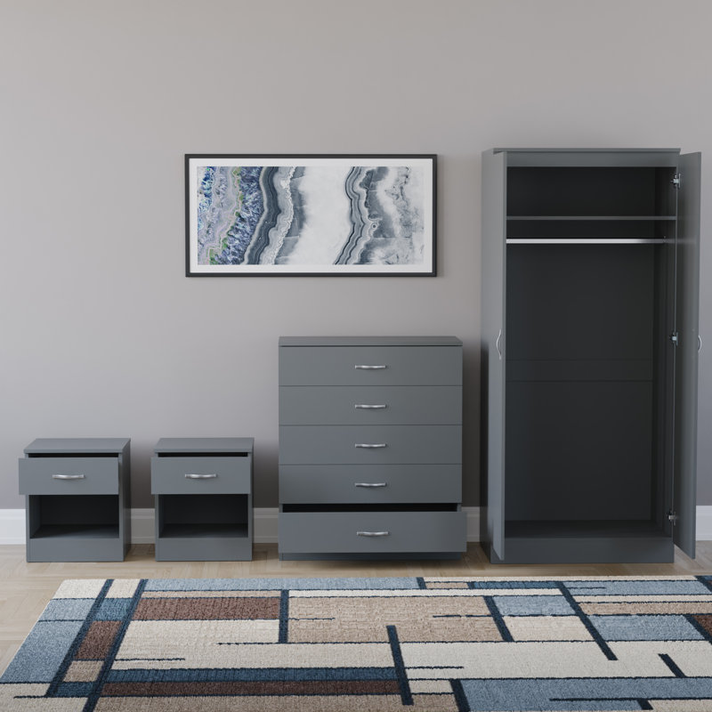 Tayce 4 Piece Bedroom Set (1 Drawer Bedside Cabinet X2, 5 Drawer Chest, 2 Door Wardrobe), Grey