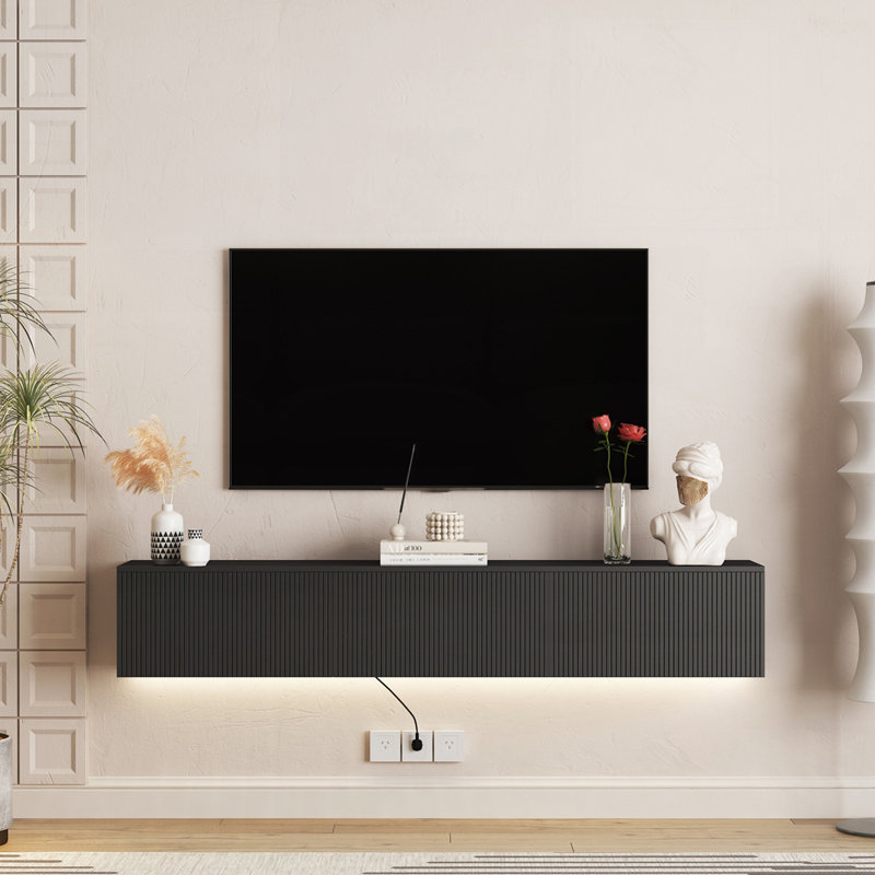 Floating TV Stand Wall Mounted with 16 Colour LEDs Modern Design Large Storage for 55-65 Inch TVs, Black