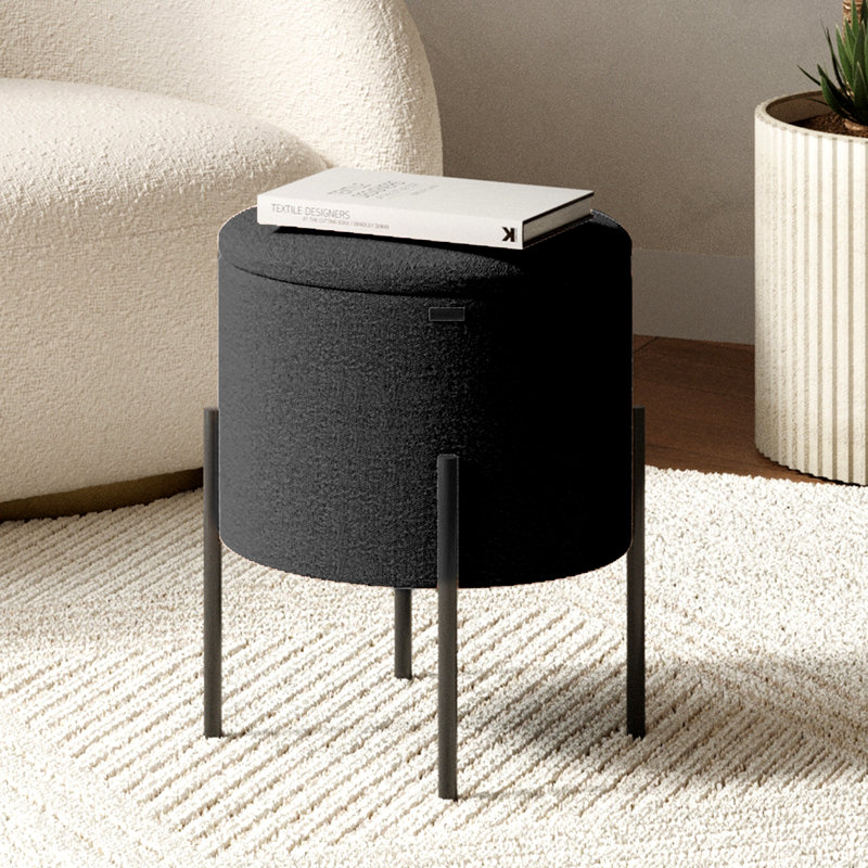 Modern Round Boucle Ottoman With Storage, Black