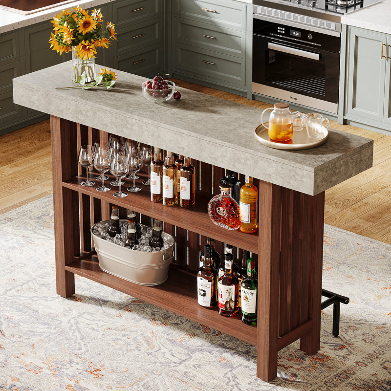 Modern 2-Tier Bar Table Footrest Home Bar Unit Corner Mini Coffee Bar Cabinet Kitchen Pub, Gray/Brown