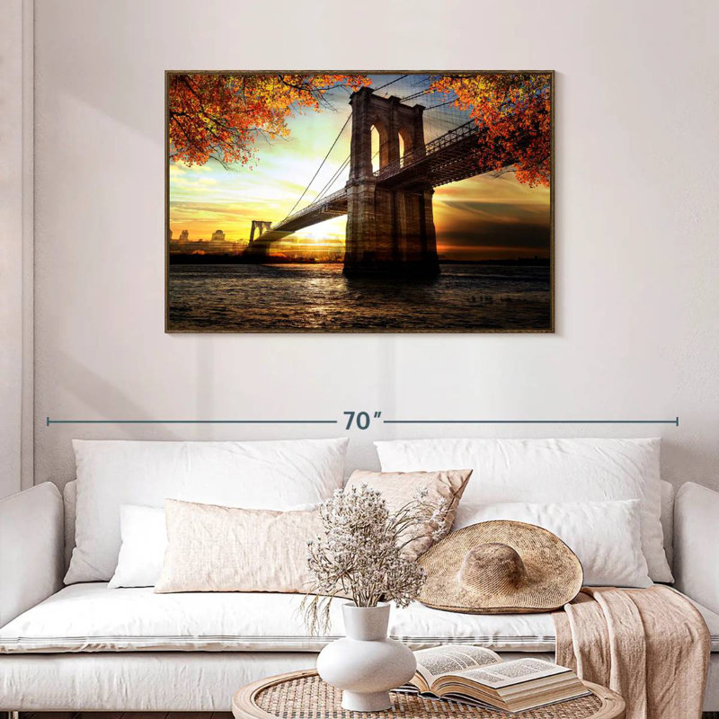 Paysage du pont de Brooklyn, 43 po x 29 po, Cadre flottant en noyer