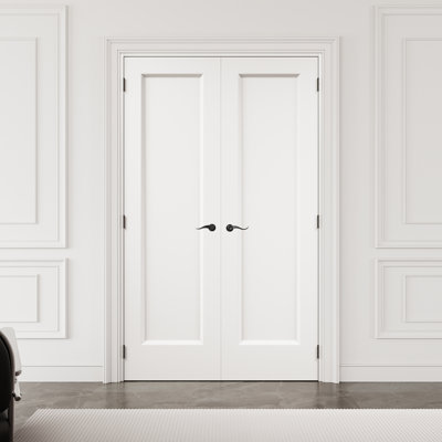 48" x 80" 1-Panel Hollow Core Interior French Door with Black Hardware & Latch & Door Lever, White Finished & Paintable, Durable & Waterproof, Suit for Laundry, Closet Doors, Room Doors, Assembly Required