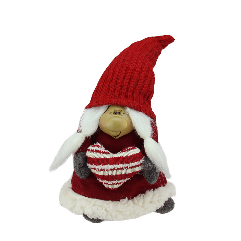 Figurine de table 13,5 "gnome de Noël femme souriante rouge et grise