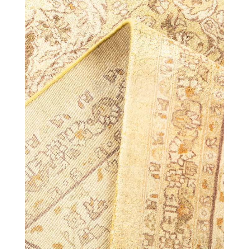 Tapis jaune en laine noué à la main de conception unique 8 pi 2 po x 10 pi 3 po Ohlone