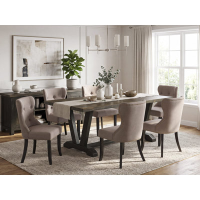 7 Piece Dining Room Table Set Consist of a Rectangle Kitchen Table with V-Legs and 6 Coffee Linen Fabric Parsons Dining Chairs, 40x72 Inch, Multi-Color