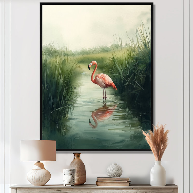 Clenney flamant rose dans le marais V - flamant rose, art mural, Noir, Impression encadrée flottante, H 20 po x l 12 po