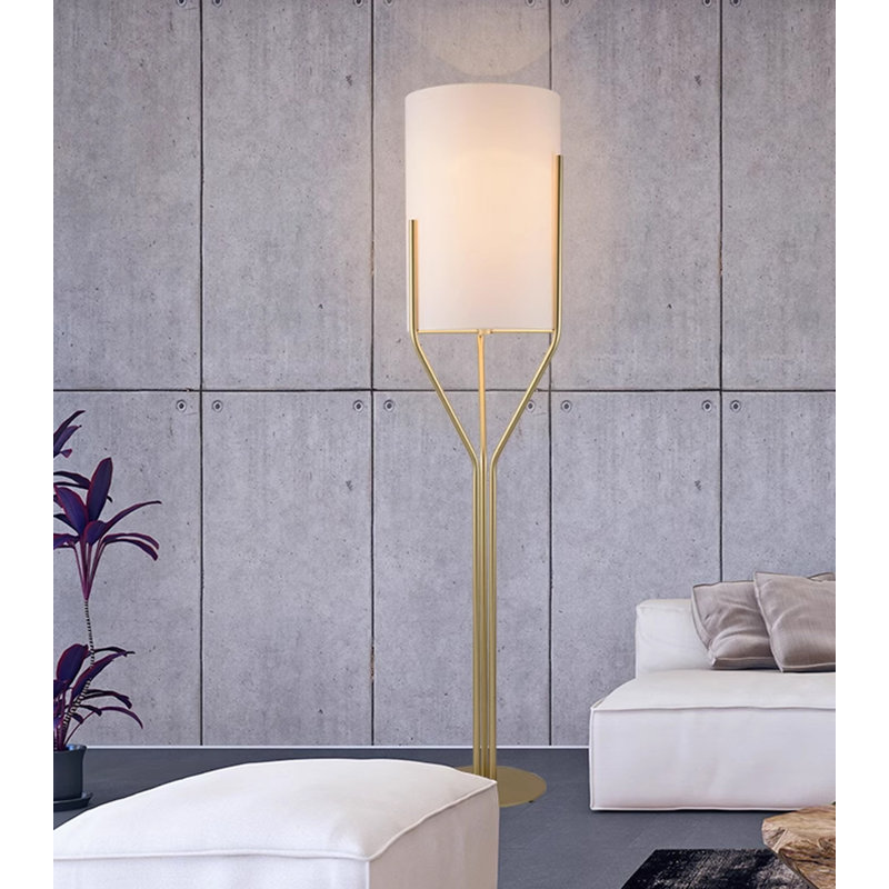 Élégante lampe sur pied en métal doré avec abat-jour en tissu, 61"