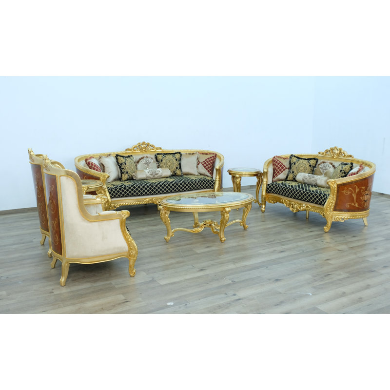 3 Piece Luxor Ii Sofa Set Black Gold Fabric, Black/Gold