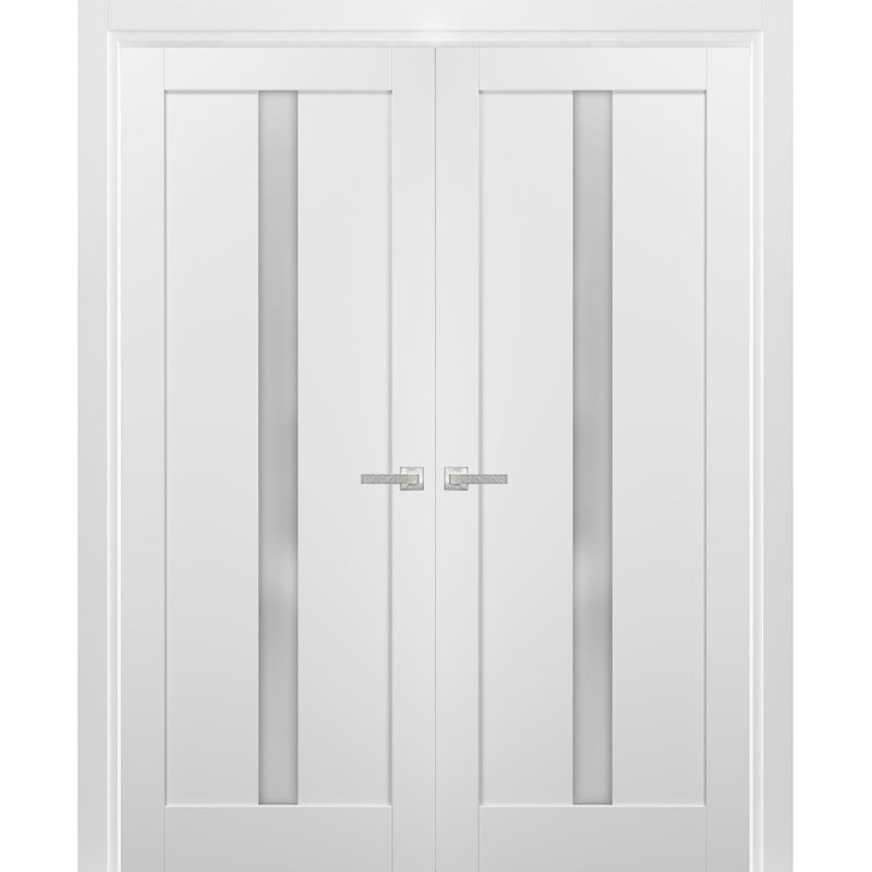 Portes françaises blanches en verre givré Quadro avec trousse de quincaillerie d'installation, 72 po x 96 po