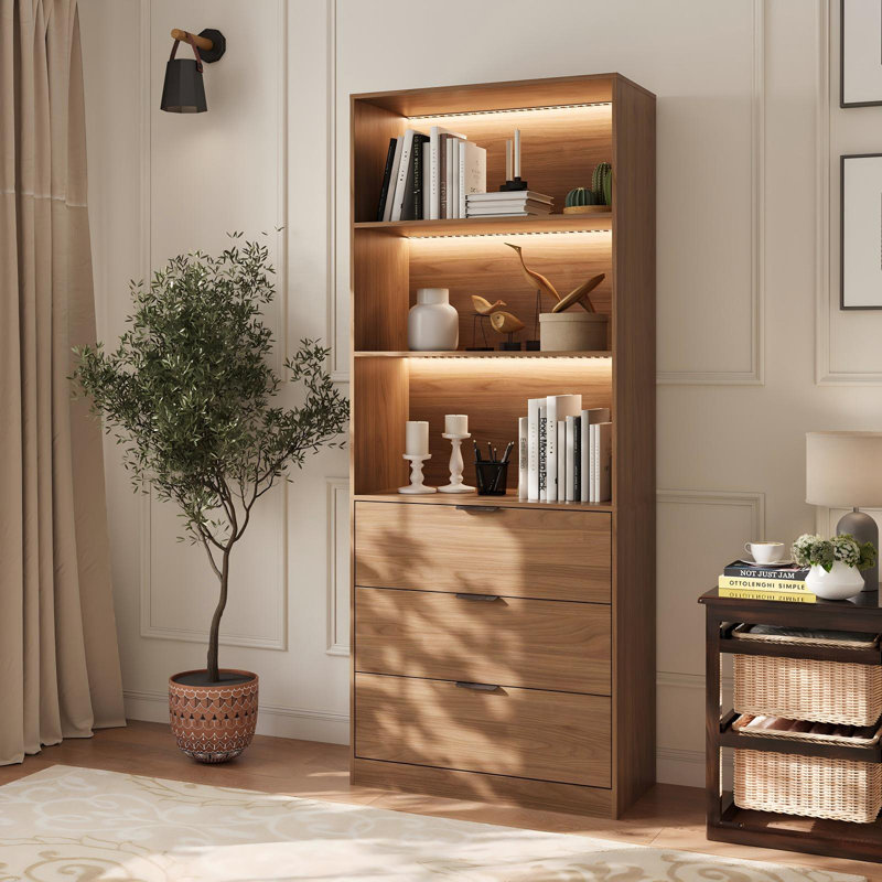 78" H Tall Bookshelf With Drawers, Bookshelf And Bookcase With 3-tier Open Shelves, Tall Storage Cabinet For Home Office