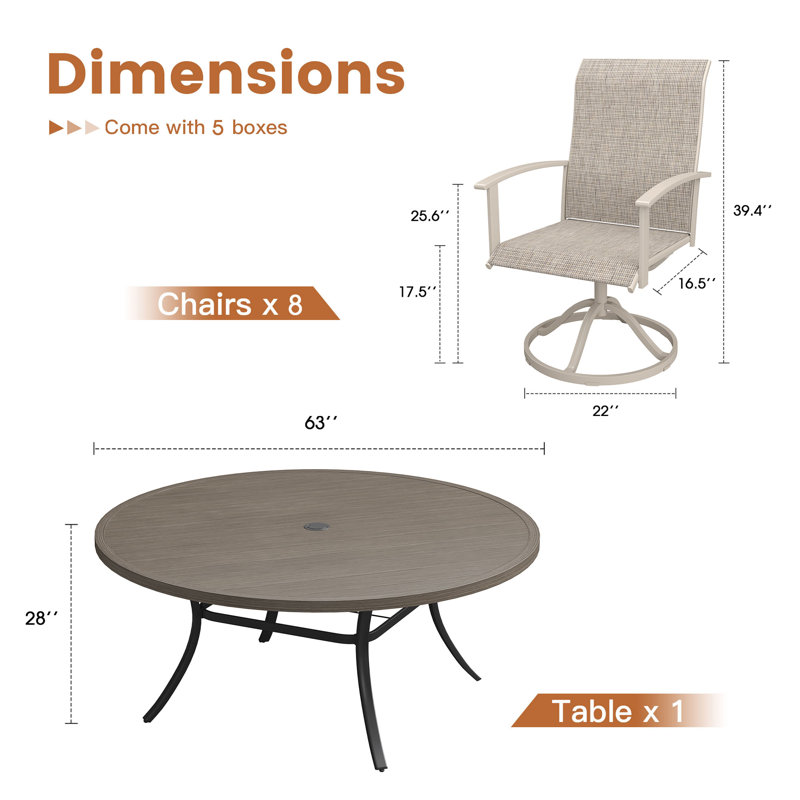 Ensemble de salle à manger 8 personnes avec table ronde de 60 po et 8 chaises pivotantes en textilène