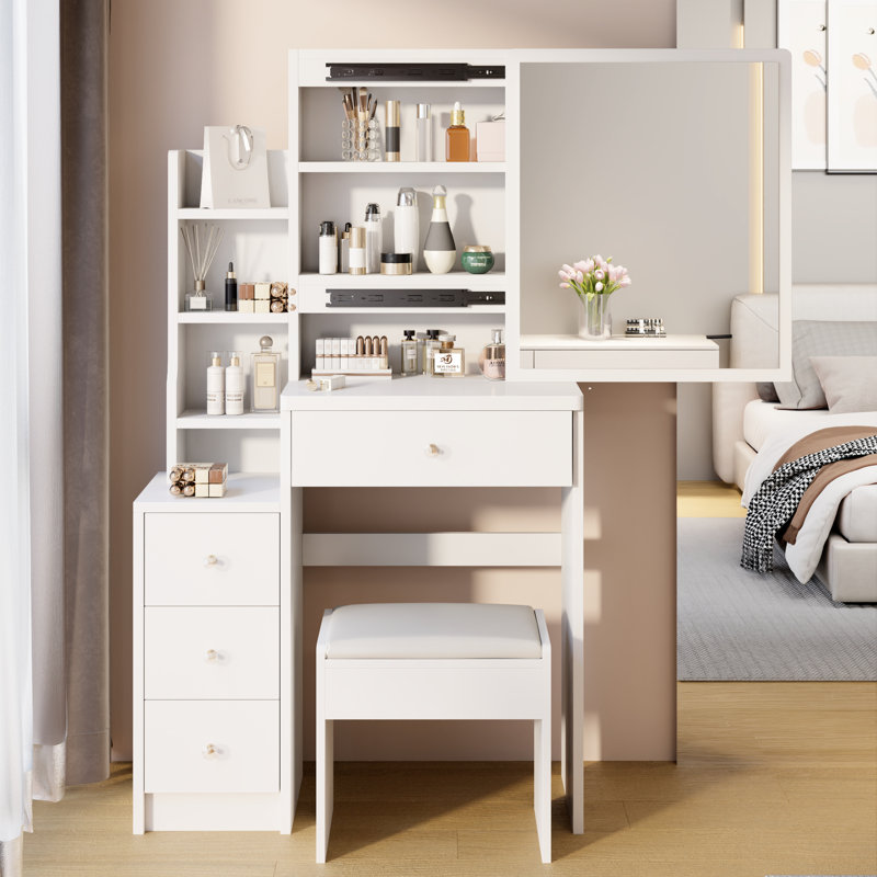 Grande coiffeuse avec tabouret rembourré grande capacité de rangement blanc 29,2 po