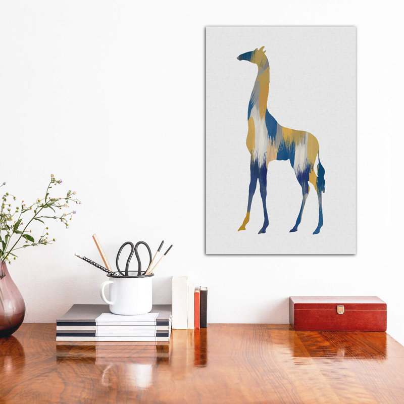Girafe bleue et jaune - impression, H 26 po x l 18 po x 1,5 po, Toile tendue