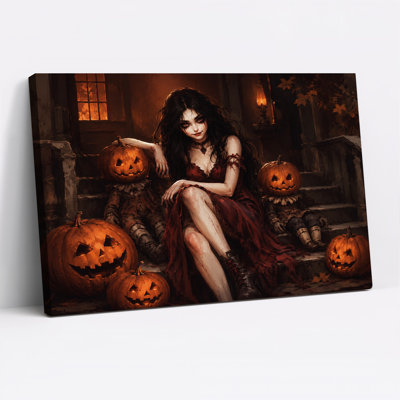 «Pale Woman in Tattered Red Dress with Glowing Halloween», art mural