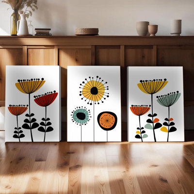 Ensemble de 3 affiches murales encadrées, style abstrait floral moderne, décoration bohème minimaliste avec imprimés botaniques colorés, motif pissenlits et fleurs sauvages éclatants pour la décoration du salon, de la chambre et de la maison, élégante décoration murale sur toile