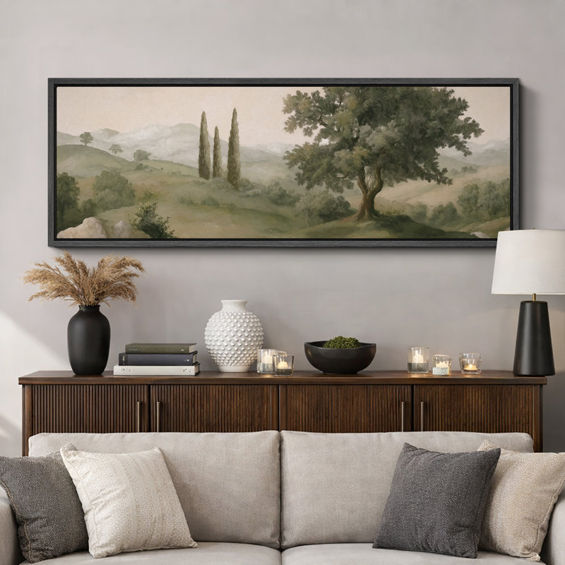 «Tuscan Hills and Cypress Trees», impression sur toile encadrée - décor de paysage méditerranéen, H 20 po x l 60 po, Noir