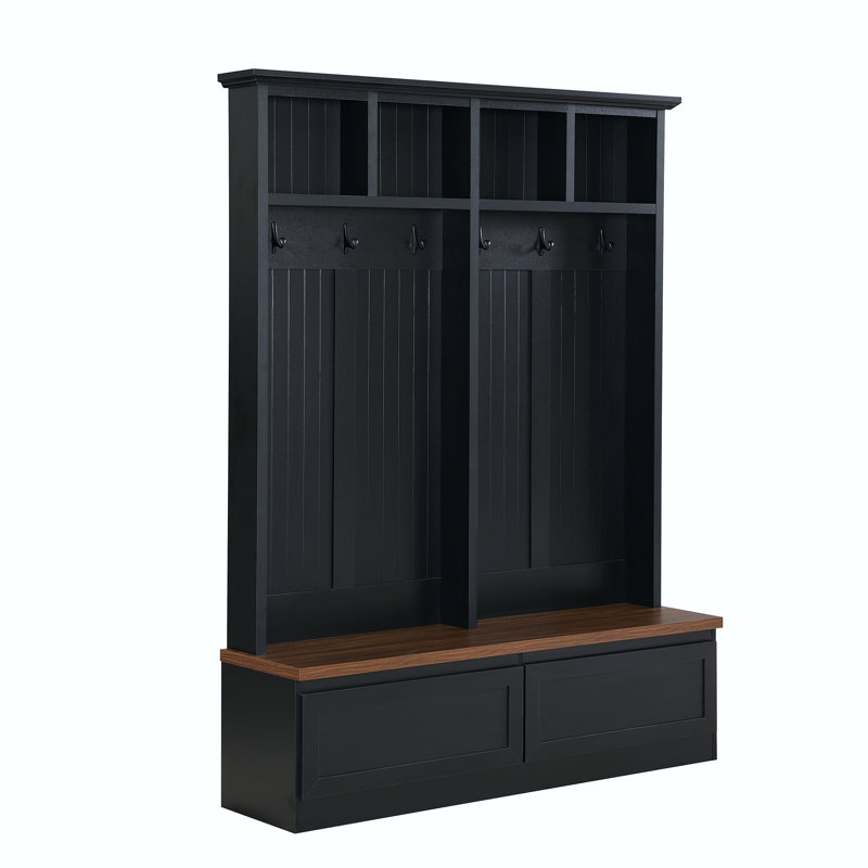 Farmhouse 4-In-1 Hall Tree With Wood Grain Bench And Storage Drawers, Black, Black/Dark Walnut