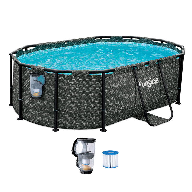 Funsicle 9'10" Oasis Designer Oval Above Ground Pool w/ Pump, Dark Herringbone, FiltraBoost Pump