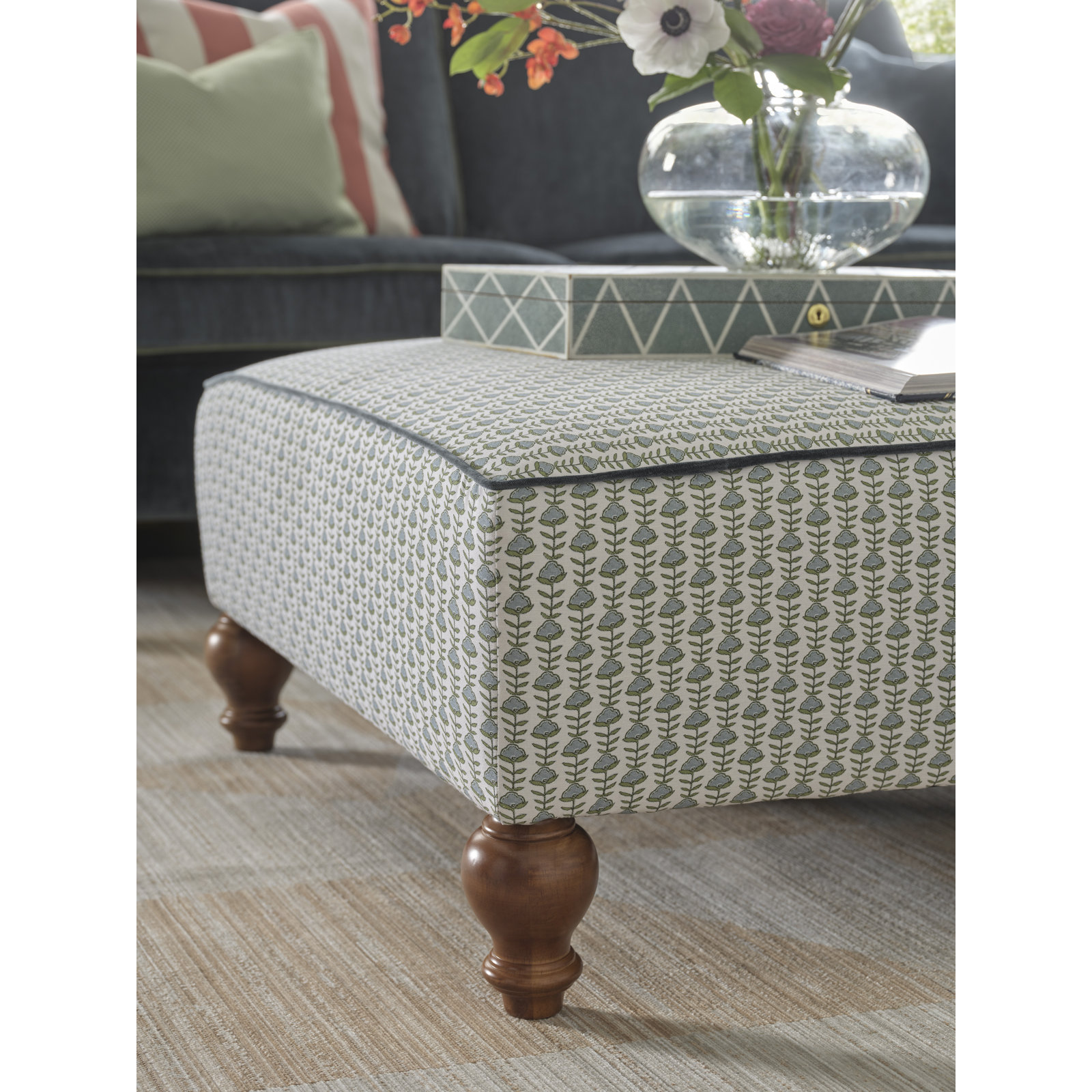 Renelle Upholstered Ottoman, Cream/Blue/Green