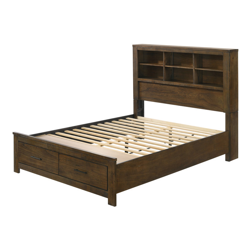 King Oak Wood Frame Bed with Storage Drawers and Headboard