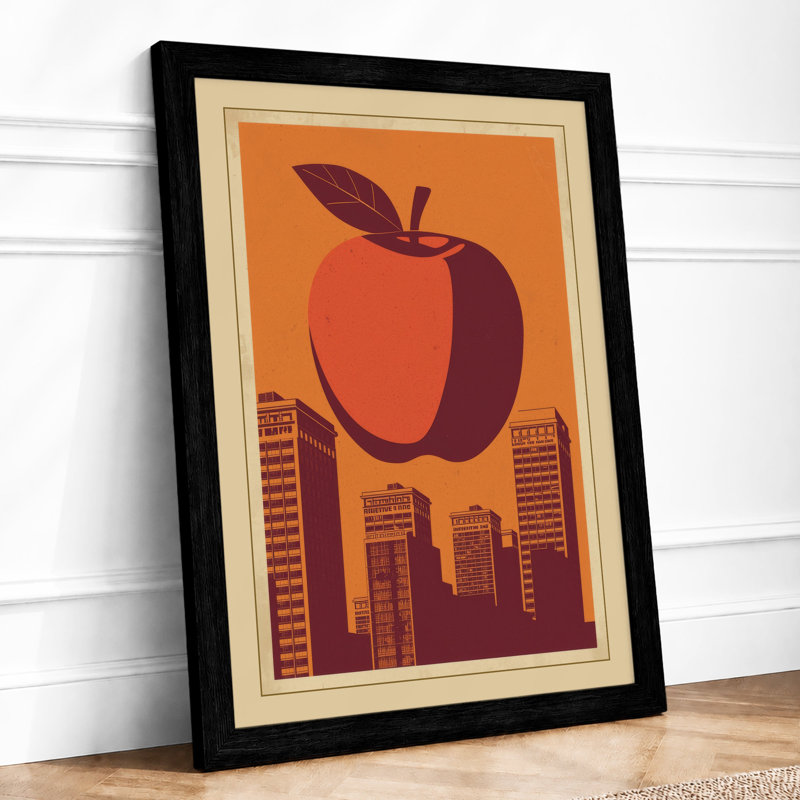Apple Over City Retro - Framed Print, A2 - 59.4 x 42.0 cm, Black