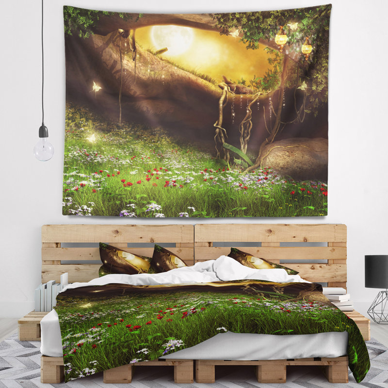 Paysage avec grotte enchantée et tapisserie, H 32 po x l 39 po