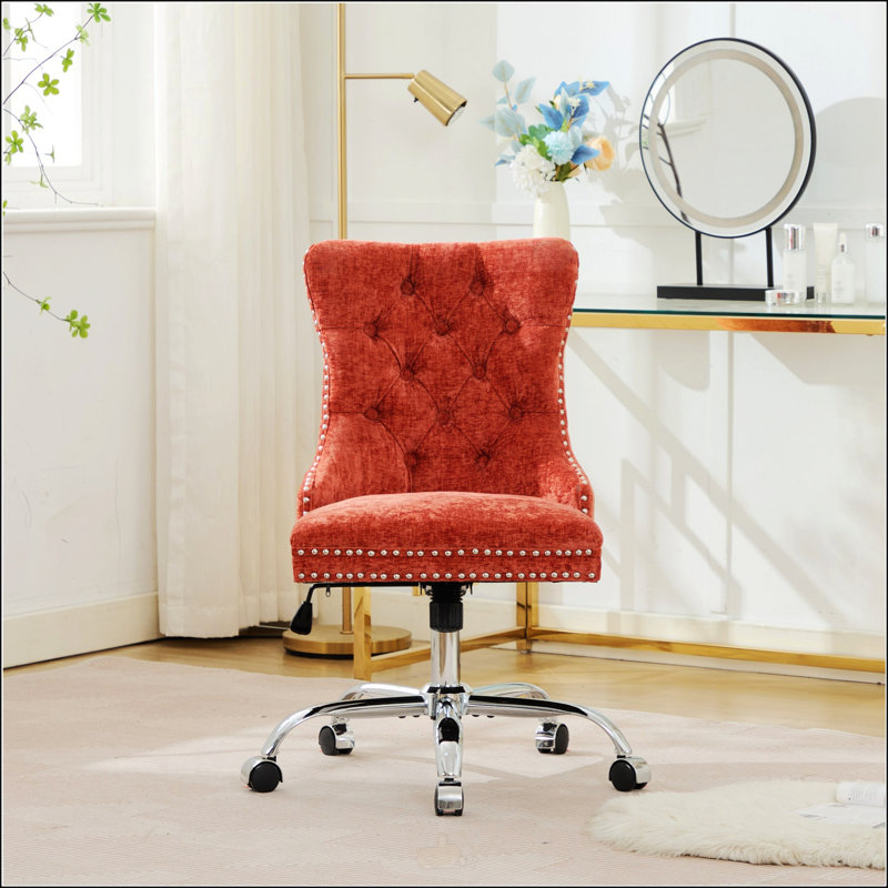 Chaise de bureau moderne rembourrée capitonnée à boutons en chenille avec base en métal chromé, chaise de bureau pivotante réglable
