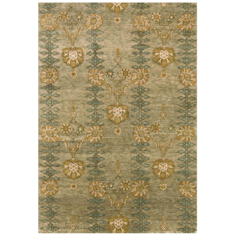 Wool Floral Area Rug in Gray/Blue/Yellow, Rectangle 5'6" x 8'6"