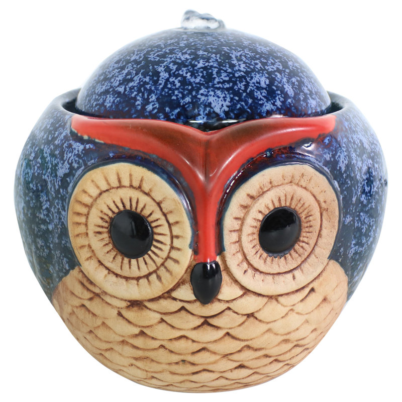 Whimsical Blue and Brown Ceramic Owl Tabletop Fountain