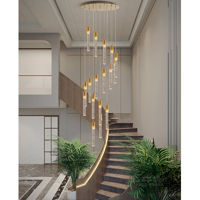 20-Lights Gold Staircase Chandelier Crystal Bubble Column Pendant Light 3000-6000K