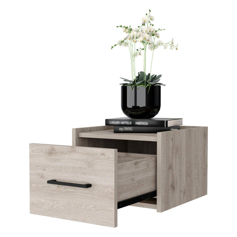 Table de chevet grise pour la chambre à coucher - Vaste rangement avec 1 tiroir et tablette fonctionnelle murale flottante généreuse