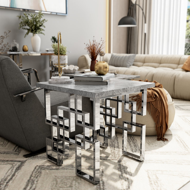 Grey And Silver End Table With Polished Metal Geometric Base